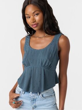 O’Neill Peplum Keyhole Back Scalloped Hem Swiss Dot Striped Scoop Neck Blue Tank